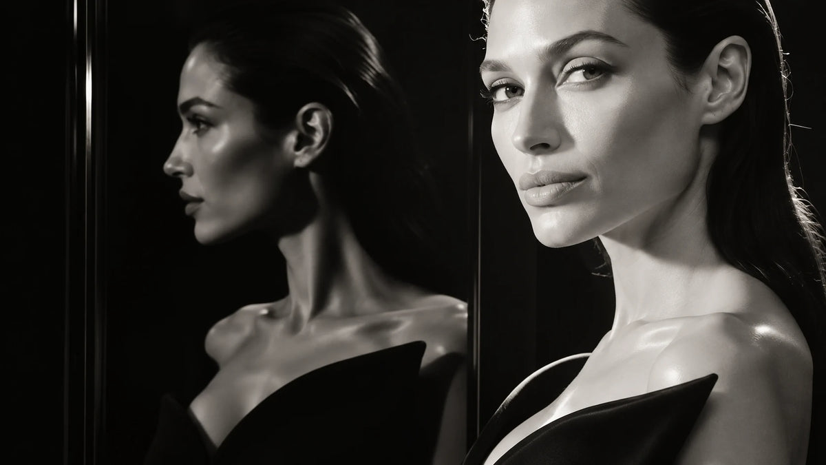 L'AUDACE — black and white portrait of a woman beside her mirror reflection, black structured neckline