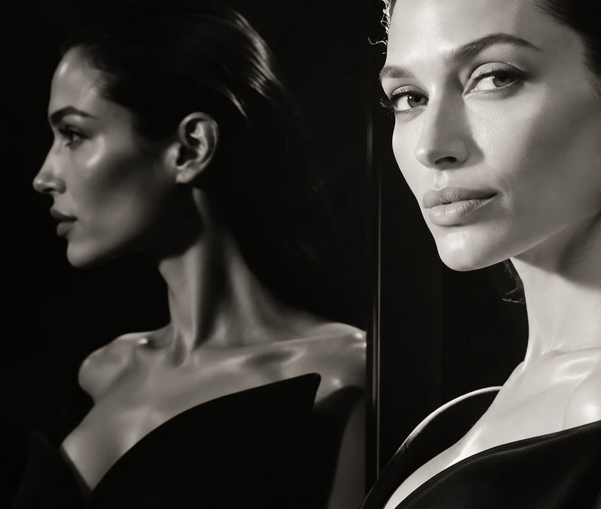 L'AUDACE — black and white portrait of a woman beside her mirror reflection